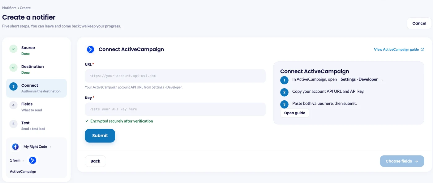 Connect ActiveCampaign in LeadsNotify with your API URL and API key