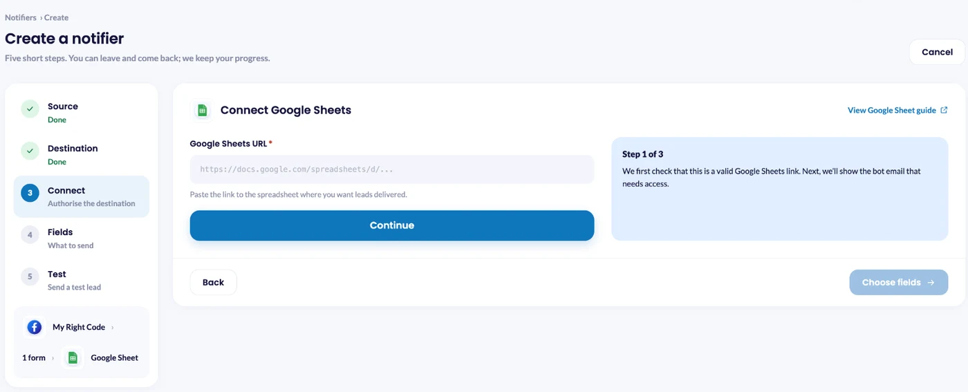 Pasting a Google Sheets link in the LeadsNotify Connect step