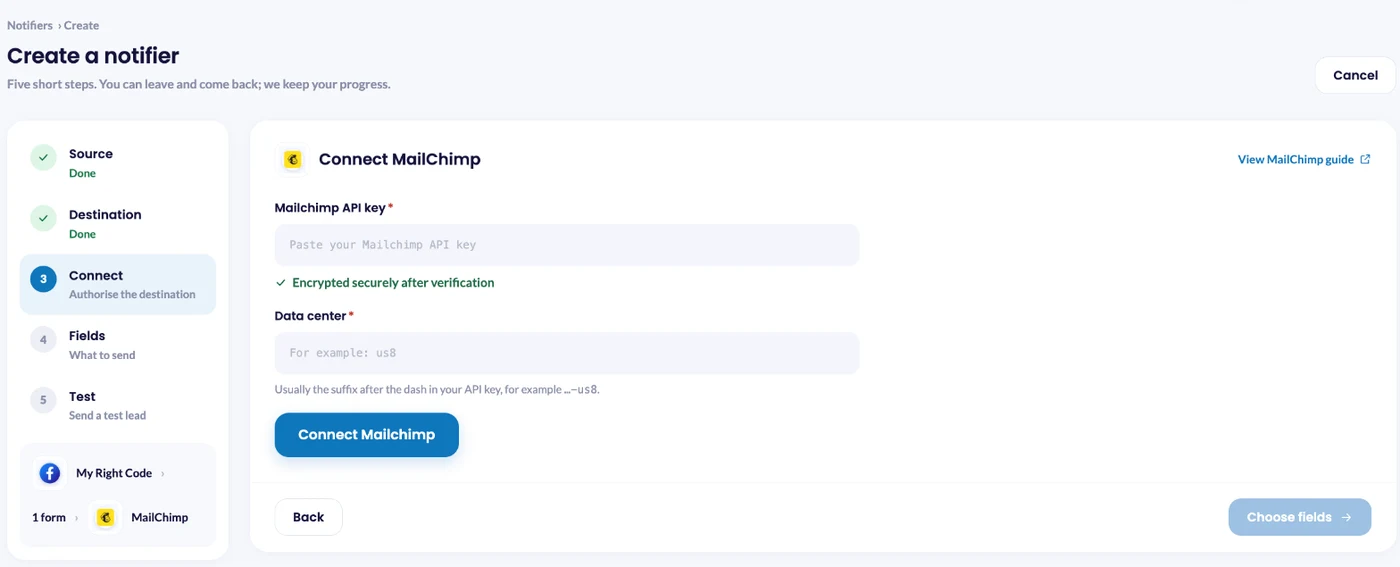 Connect Mailchimp in LeadsNotify with your API key and data center