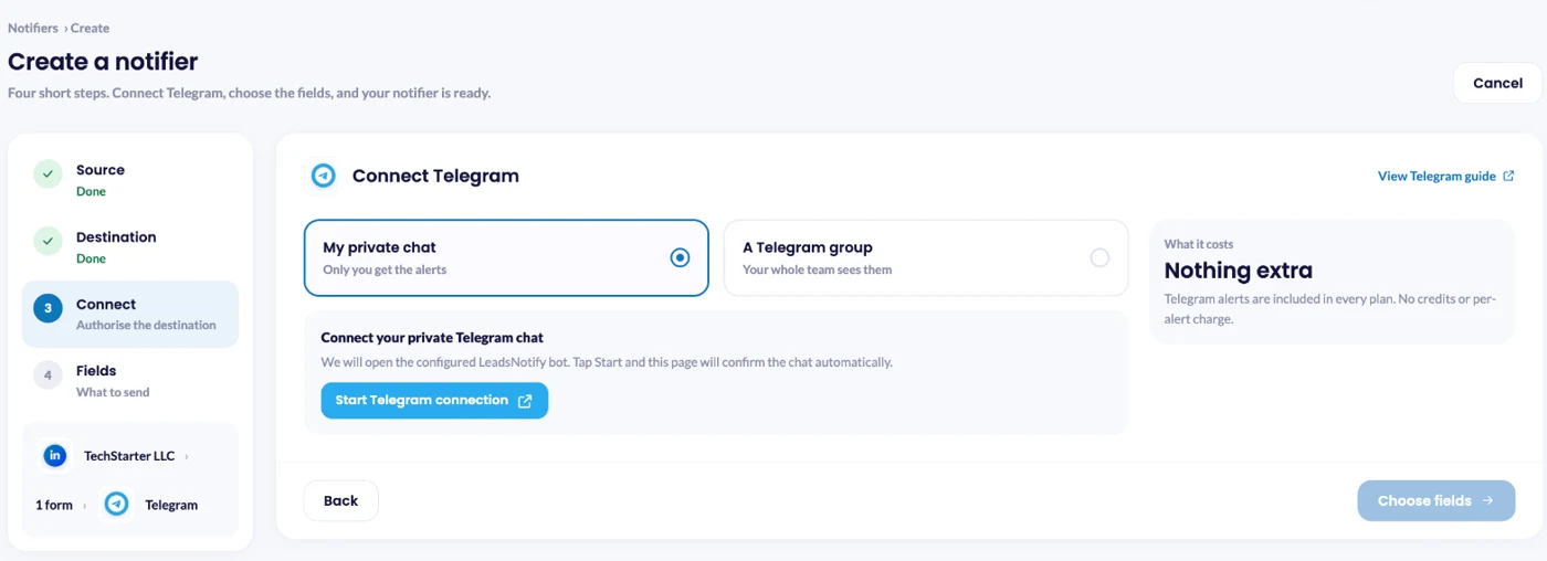 Connect Telegram in LeadsNotify: choose a private chat or a Telegram group, then start the connection