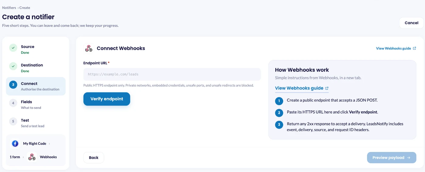 Adding a webhook endpoint URL in LeadsNotify and verifying it