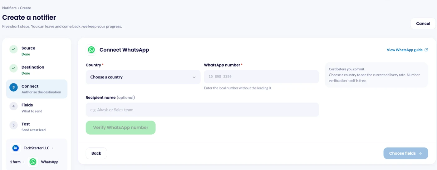 Connect WhatsApp in LeadsNotify: choose a country, enter the number and verify it