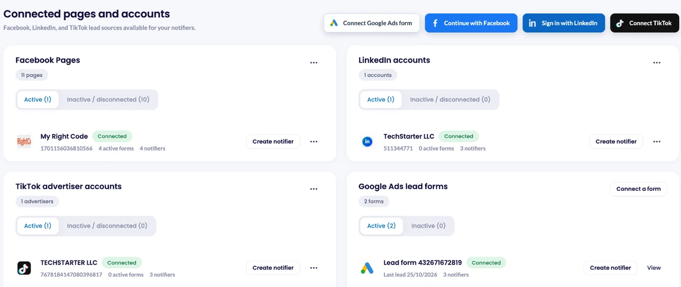 Connected Facebook Pages, LinkedIn accounts, TikTok and Google Ads lead sources in LeadsNotify