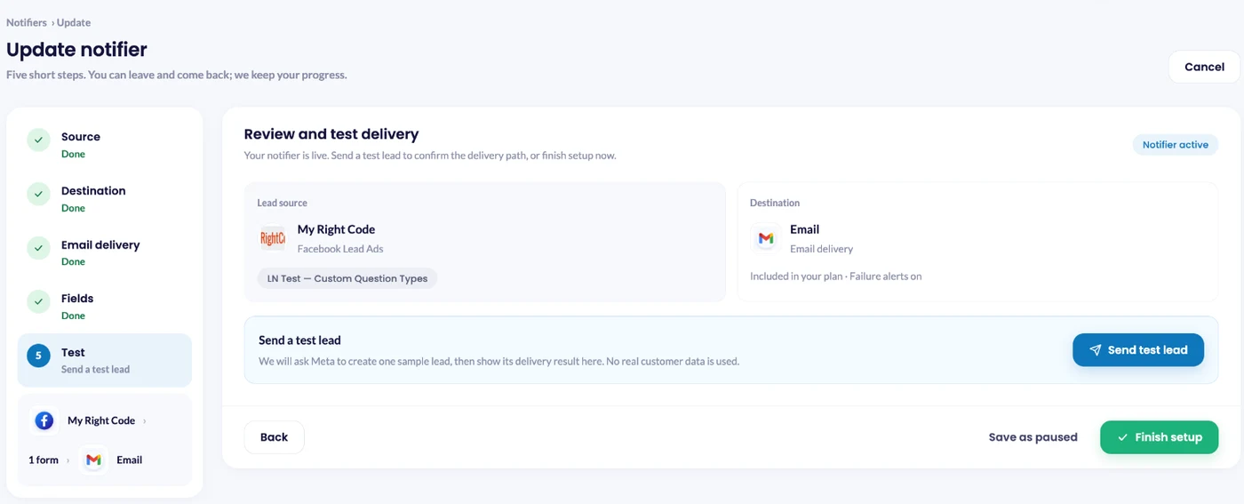 Review and test delivery screen in LeadsNotify with the Send test lead button