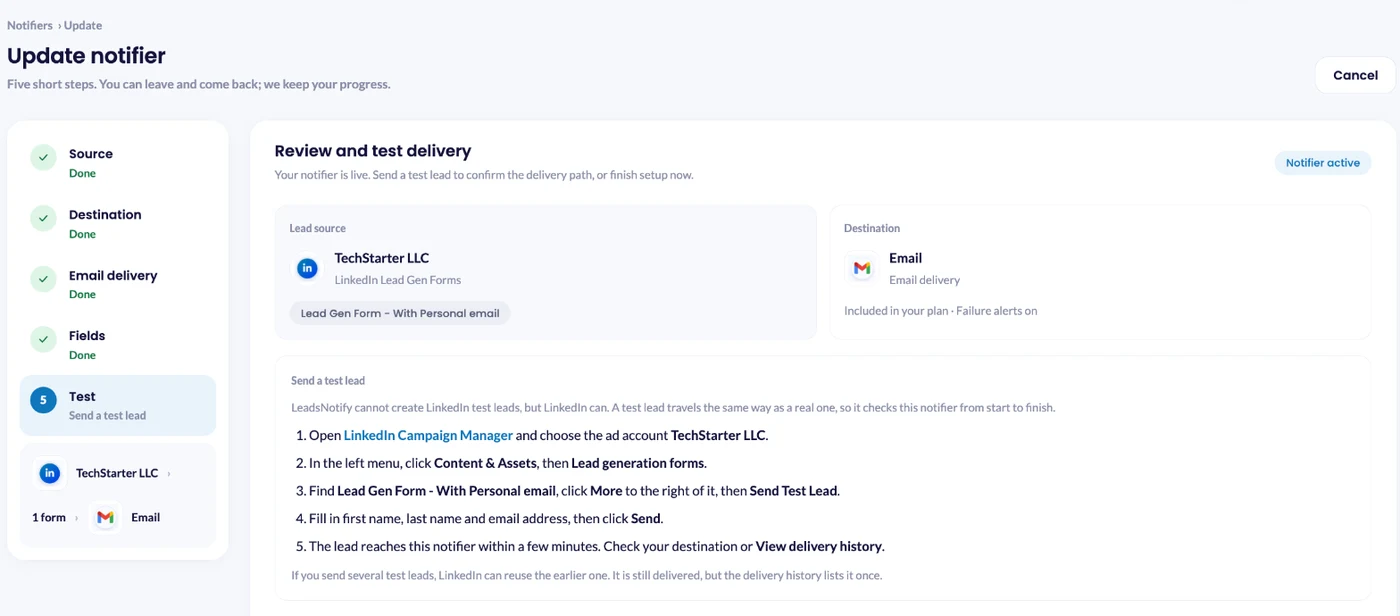 LeadsNotify test step for LinkedIn, sending a test lead from LinkedIn Campaign Manager