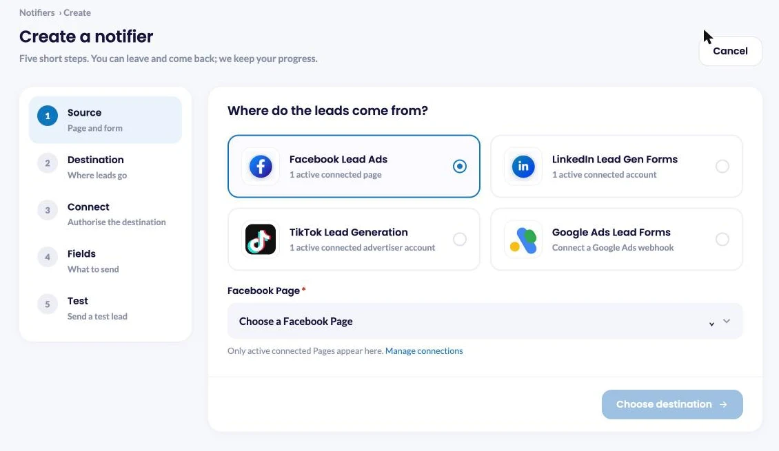 The LeadsNotify Create a notifier screen with Facebook, LinkedIn, TikTok and Google Ads as lead sources