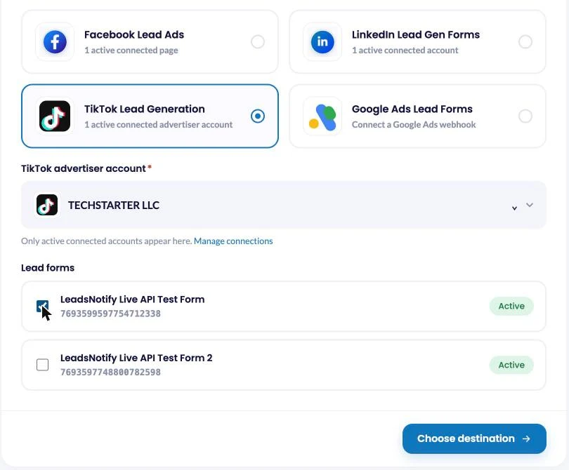 TikTok Lead Generation selected as the source, with an advertiser account chosen and a lead form ticked