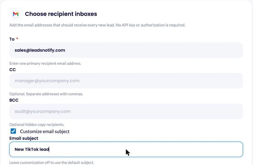 Entering the To, CC and BCC addresses and a custom subject for TikTok lead emails in LeadsNotify