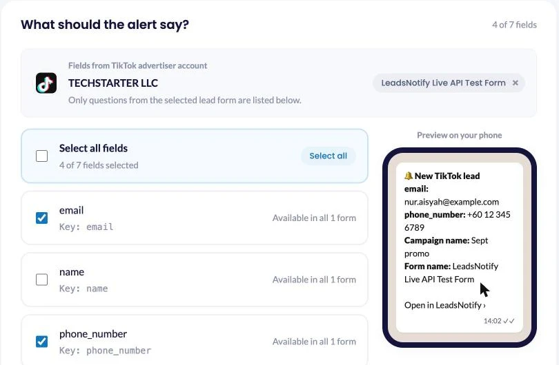 Choosing the TikTok form fields and lead metadata to include in the email alert, with a live phone preview