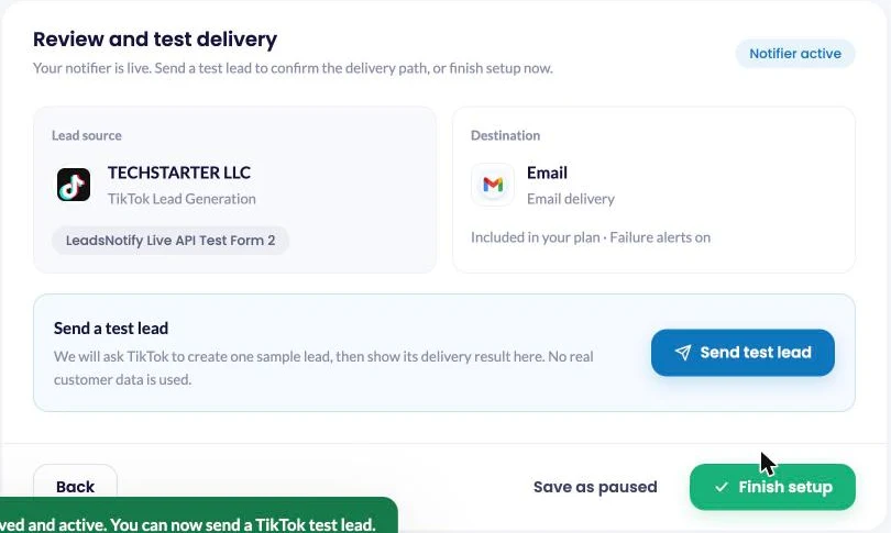 The Review and test delivery step in LeadsNotify, with the Send test lead button for a TikTok to Email notifier
