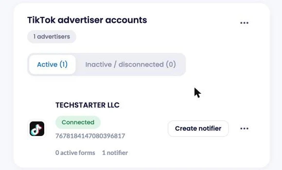 A connected TikTok advertiser account shown on the LeadsNotify Lead sources page