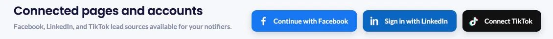 The Connect TikTok button on the LeadsNotify Lead sources page, next to Continue with Facebook and Sign in with LinkedIn
