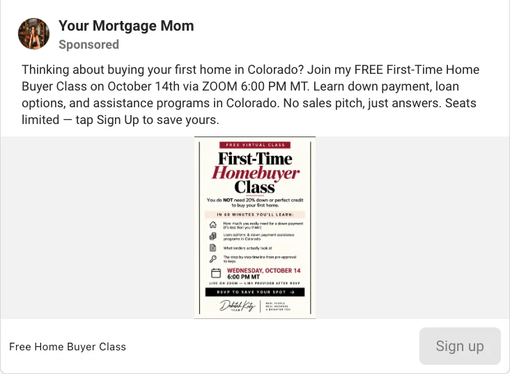 Mortgage Facebook ad example: free first-time home buyer class with a Sign up button