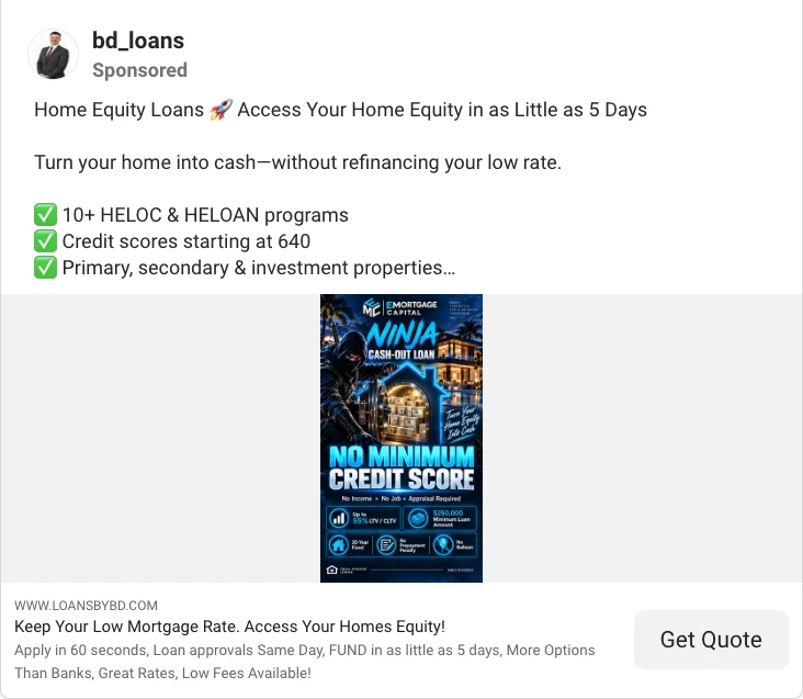 Mortgage Facebook ad example: keep your low mortgage rate and access your home equity