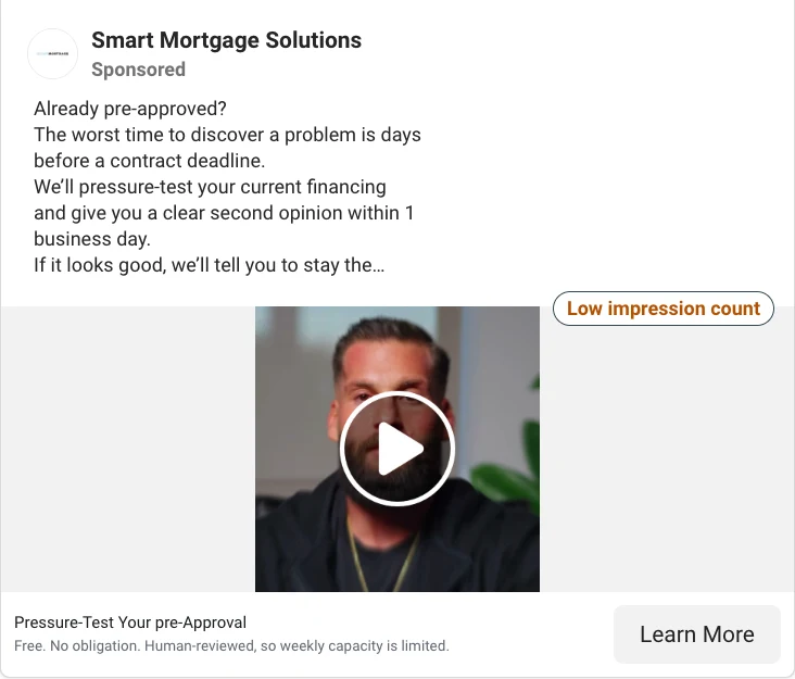Mortgage Facebook ad example: pressure-test your pre-approval, a free second opinion
