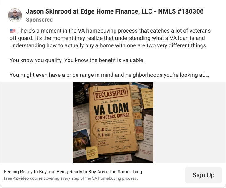 Mortgage Facebook ad example: free VA loan course for veterans with a Sign up button