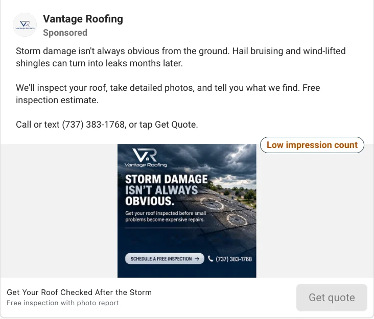 Roofing Facebook ad example: storm damage ad offering a free inspection with photo report