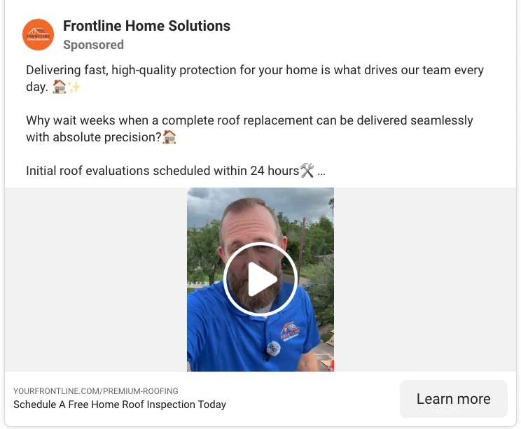 Roofing Facebook ad example: video ad offering a free home roof inspection