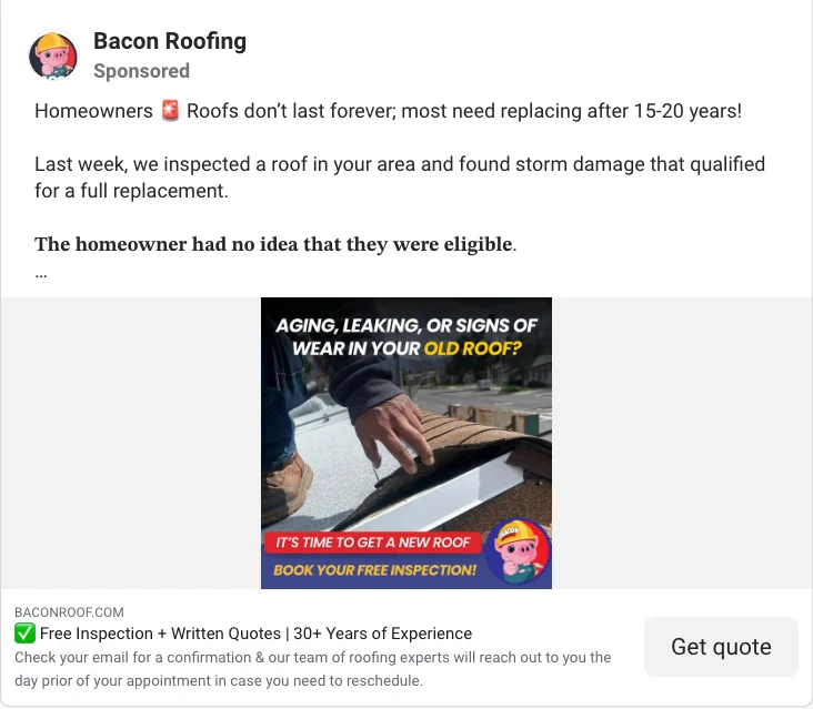 Roofing Facebook ad example: free inspection and written quotes for an old roof