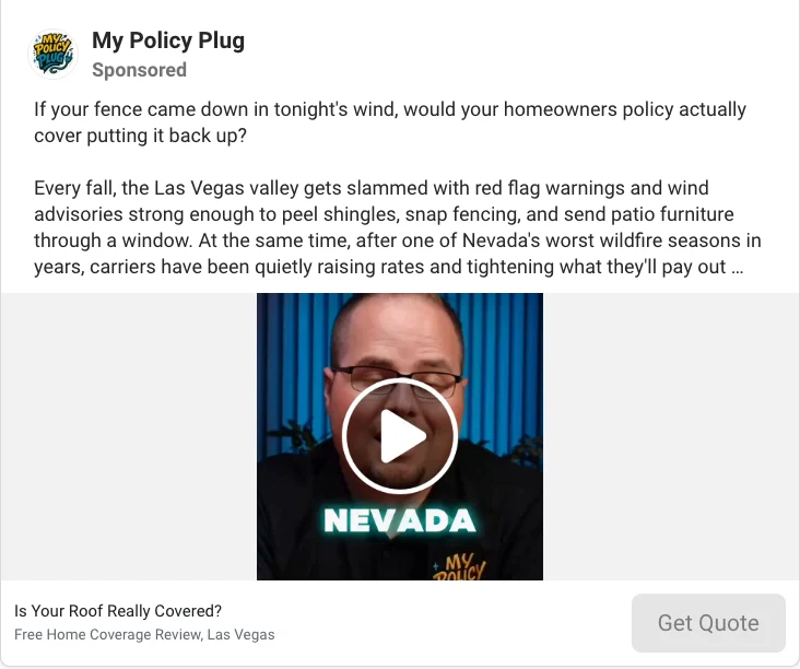 Facebook ad example: is your roof really covered, a free home coverage review