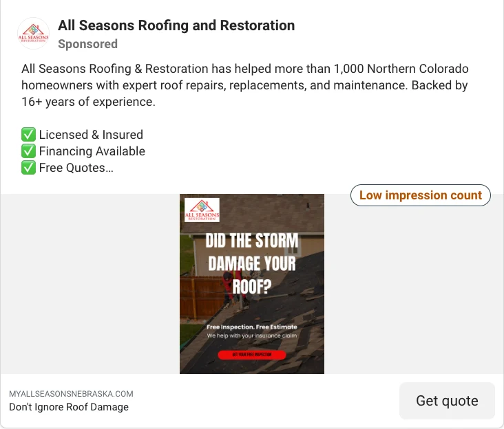 Roofing Facebook ad example: did the storm damage your roof, free inspection and insurance claim help