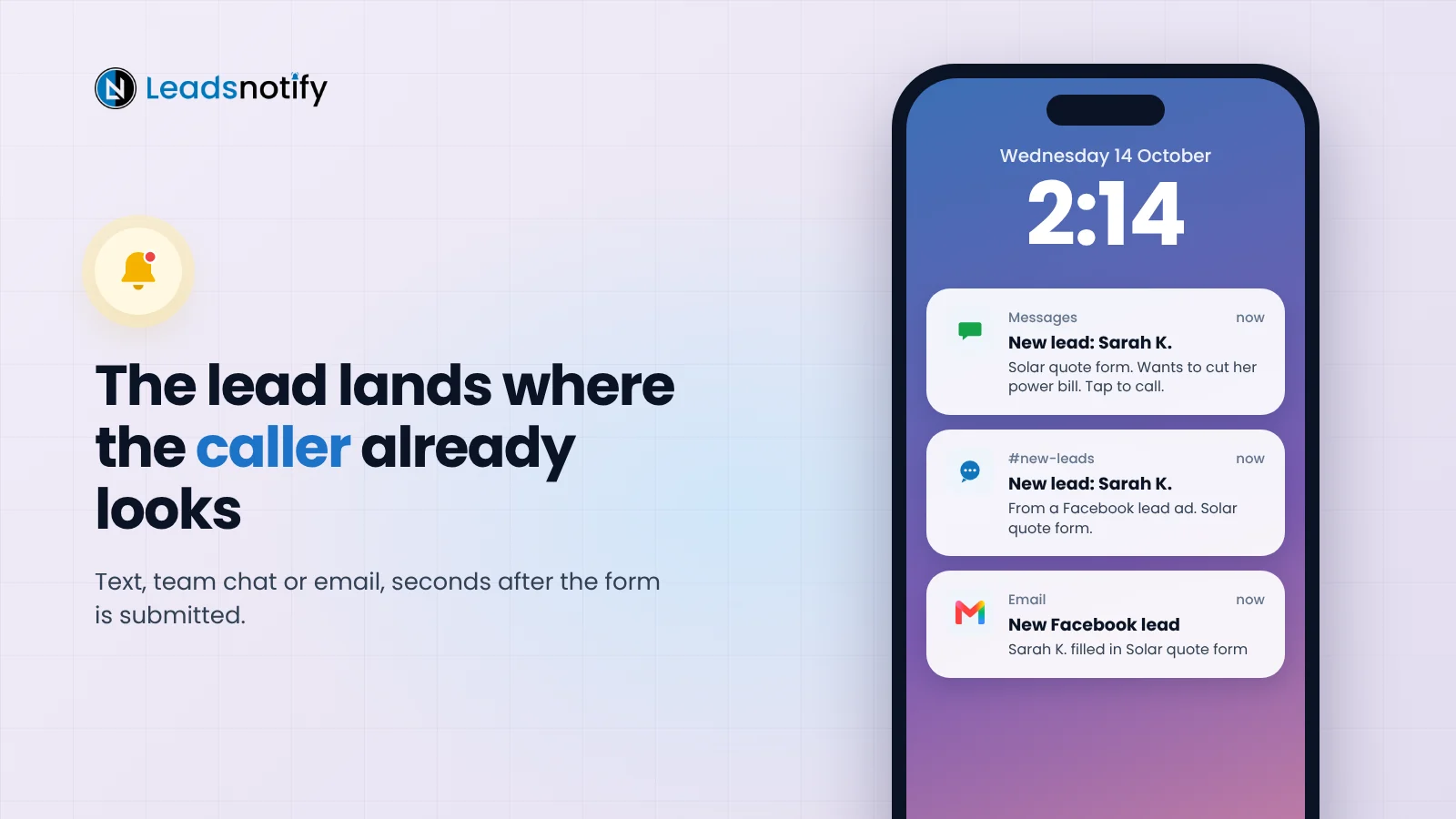 Illustration of a phone lock screen showing new lead alerts by text, team chat and email